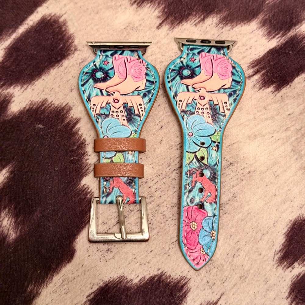 Floral Patterned Watch Band with Pink and Blue Accents